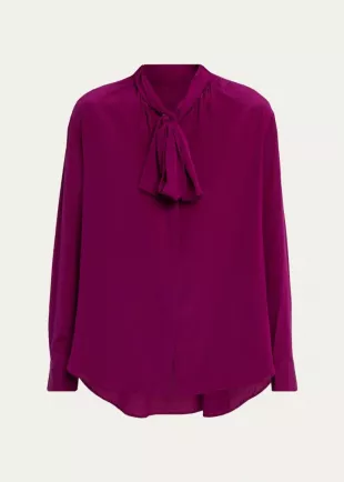 Vivi Long-Sleeve Silk Tie-Neck Top