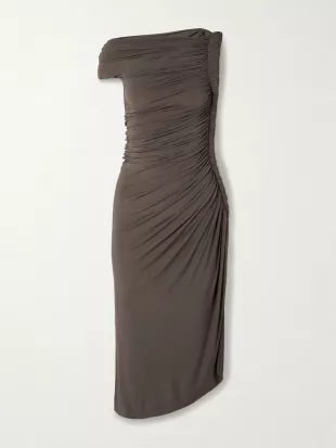 One Shoulder Draped Stretch Jersey Midi Dress