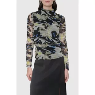 Printed Ruched Mesh Top
