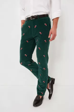 Hunter Green Candy Cane Embroidered Corduroy Pants