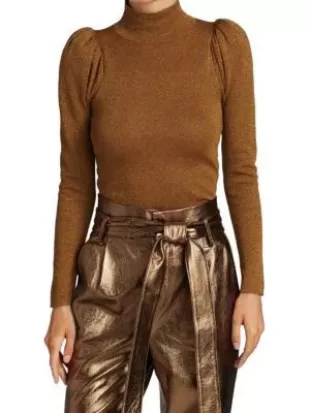 Issa Glitter Puff-Sleeve Turtleneck Sweater