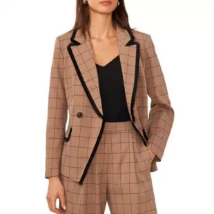 Windowpane Fringe Trim Double Breasted Blazer