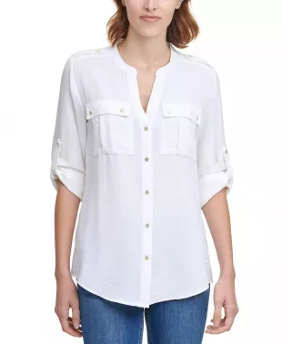 Textured Roll-Tab Blouse