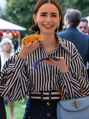 Emily In Paris Season 5 Lily Collins Striped Puff Sleeve Shirt