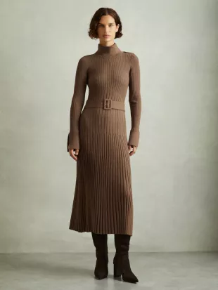 Mocha Vinette Ribbed Roll Neck Belted Midi Dress