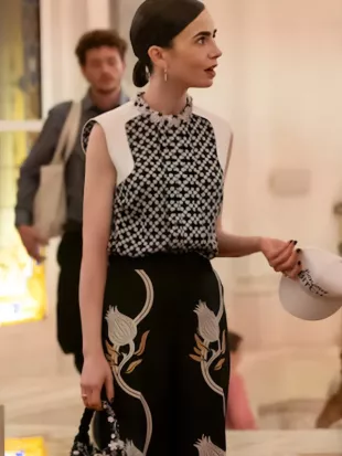 Emily In Paris S05 Lily Collins Embroidered Sleeveless Blouse