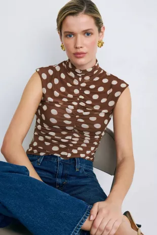 Jolie Turtleneck Ruched Top in Chocolate Halo Dot