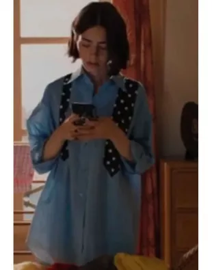 Emily In Paris S05 Lily Collins Polka Dot Tie Print Shirt