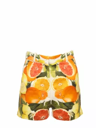 Lemon Yellow, Orange Green And White Citrus Print Cotton Mini Shorts