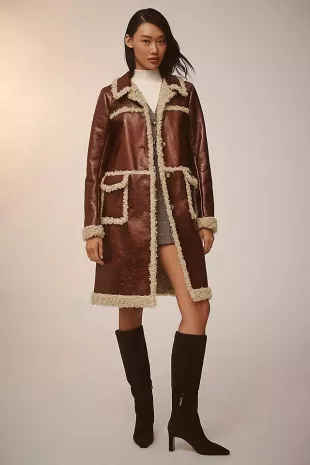 Sherpa-Trim Faux-Leather Coat