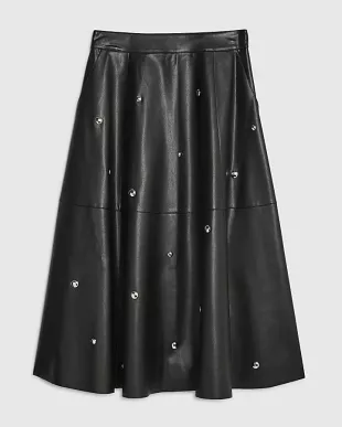Black Faux Leather Studded A line Midi Skirt