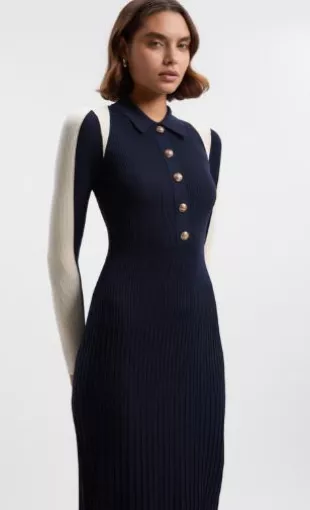 Rib Knit Military Colour Block Midi Dress