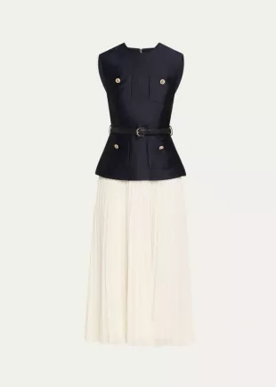 Belted Mixed-Media Midi Dress