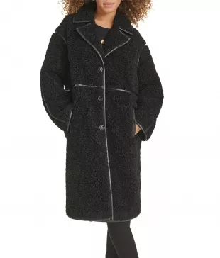 Black Sherpa Leather Trim Coat