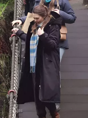 Eternity 2025 Elizabeth Olsen Black Hooded Coat