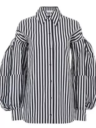Emily In Paris S05 Lily Collins Striped Puff Sleeve Shirt