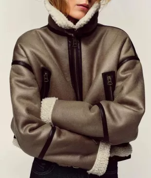 Brown Leather Sherpa Collar Jacket