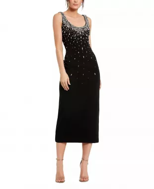 Beaded Crepe Scoop Neck Sleeveless Midi Dress