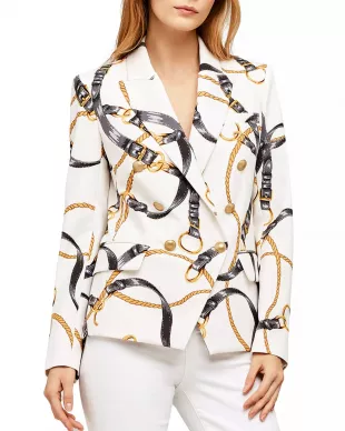 Kenzie Harness Print Double Breasted Blazer In Ivory/Driftwood