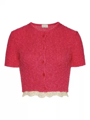 Cropped Crochet Trimmed Ribbed Knit Cashmere Cardigan