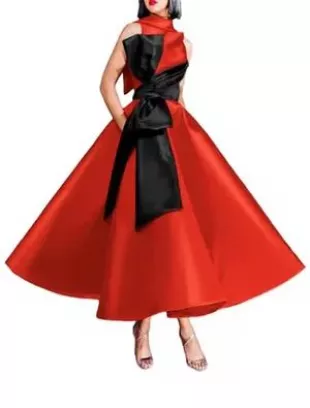 Elegant Ball Gown High Neck Ankle Length Color Block Evening Dress