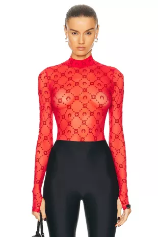 Monogram Mesh Flock High Neck Top in Red