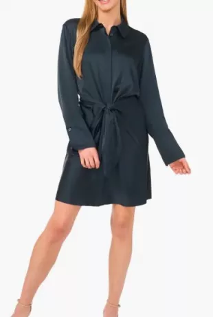 Center Twist Long Sleeve Hammered Satin Shirtdress