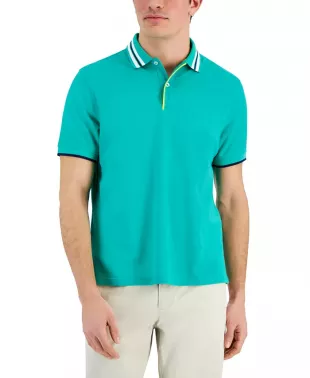 Short Sleeve Striped Collar Pique Polo Shirt