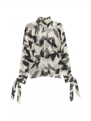 Butterfly-Print Turtleneck Chiffon Blouse