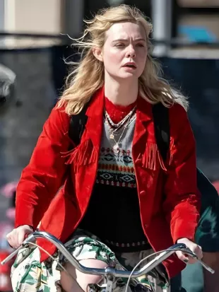 Margo’s Got Money Troubles Elle Fanning Red Fringe Jacket