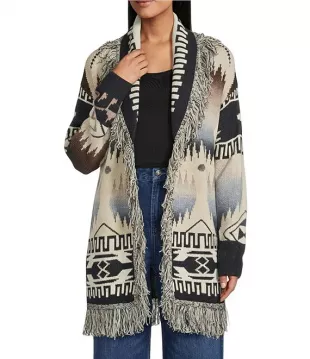 Knit Jacquard South Western Print Open Front Long Sleeve Cardigan