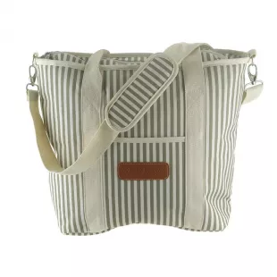 Cooler Tote Bag Cream & Green Stripes with Cream Handles