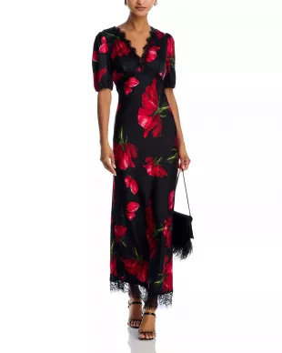 Rose Print Lace Trim Maxi Dress
