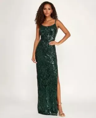 e Juniors' Sequined Side-Slit Gown