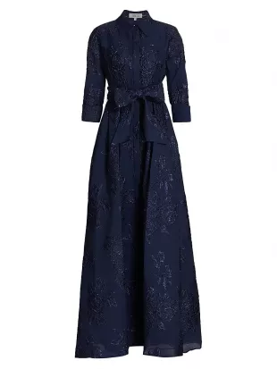 Three-Quarter Sleeve Metallic Jacquard Shirt Waist Gown by Teri Jon