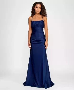 Square-Neck Ruched Strappy Sleeveless Gown