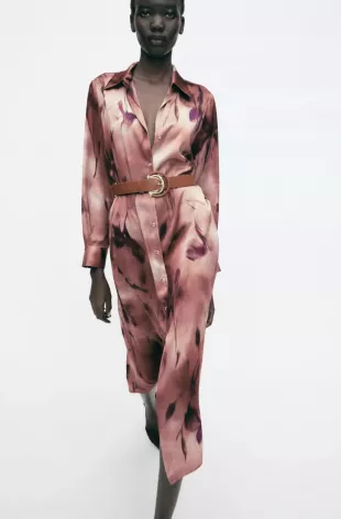 Floral Satin Printed Midi Dress with Belt