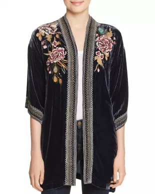 Quito Floral-Embroidered Velvet Kimono w/ Border Stitching