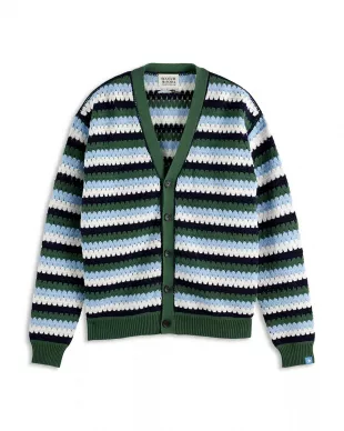 Stripe Open Stitch Cardigan in Sage Green Multi Stripe
