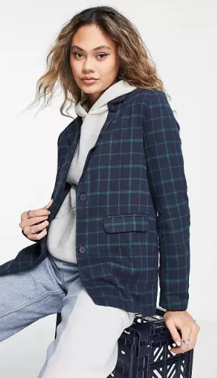 Blouchy Boyfriend Blazer in Navy and Green Check
