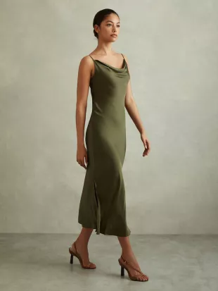 Khaki Isabel Satin Cowl Neck Midi Dress