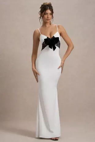 Rumi White Satin Strappy Maxi Dress With Velvet Bow