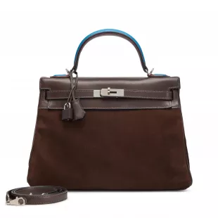 Limited Edition Chocolat, Rouge H & Bleu Zanzibar Veau Doblis and Barenia Grizzly Retourne Kelly 32 Au Pas Palladium Hardware, 2018