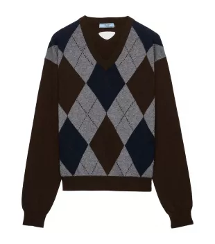 Brown Cashmere V-Neck Argyle Sweater