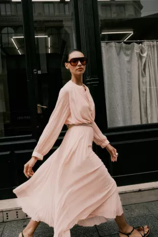 Long Sleeve Pleated Dress with Belt