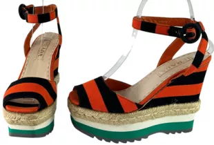 Black and Orange Striped Fabric Wedge Sandal