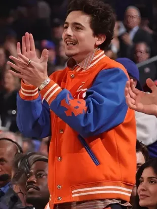 Timothée Chalamet Knicks Game Blue/Orange Varsity Jacket