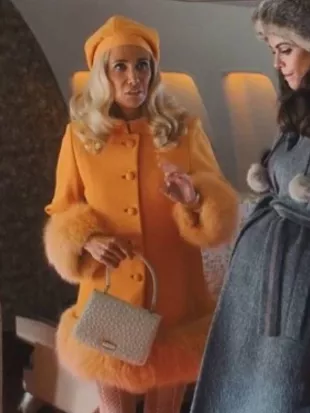 Palm Royale Season 2 Kristen Wiig Orange Fur Trim Coat