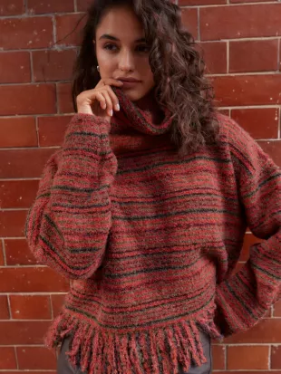 Red Berry Fringe Spacedye High Roll Neck Knitted Jumper with Wool