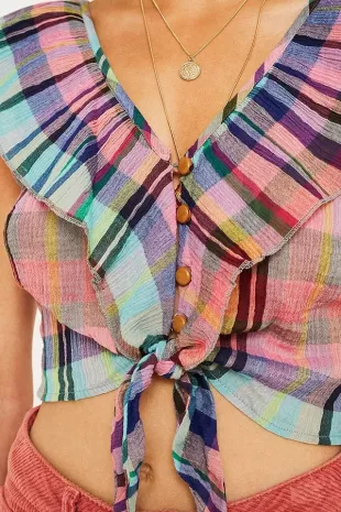 Mari Check Ruffle Tie-Front Top